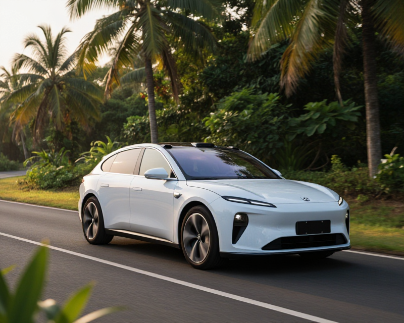 KG Mobility Electric SUV in Tropical Landscape